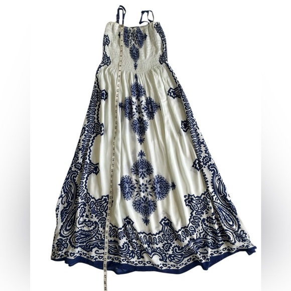 Pink Apple Blue & White Smocked Maxi Dress Boho Strapless Sundress (Fits Small) - Picture 9 of 9